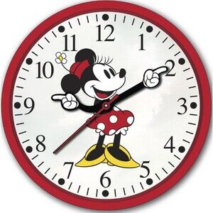 Round Plastic Decor. Wall 10" Clock, DISNEY, MINNIE MOUSE SHOWS THE TIME,red, AW